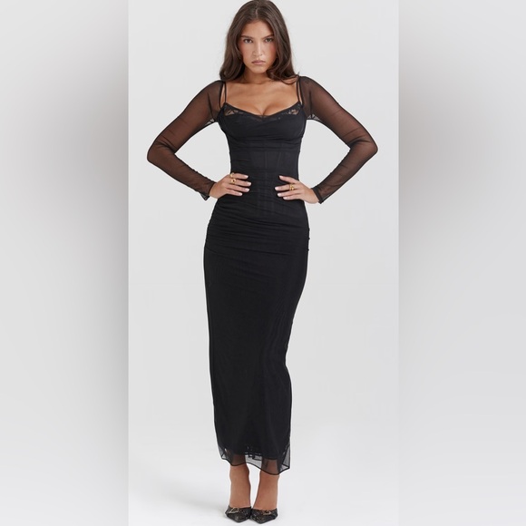 House of CB Elegant Black Mesh Sleeve Dress
